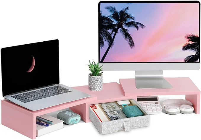 TEAMIX Pink Dual Monitor Stand Riser with Drawer - Length and Angle Adjustable Double Corner Desk Shelf Organizer 37 inch for 2 Laptop/PC/Screen/TV