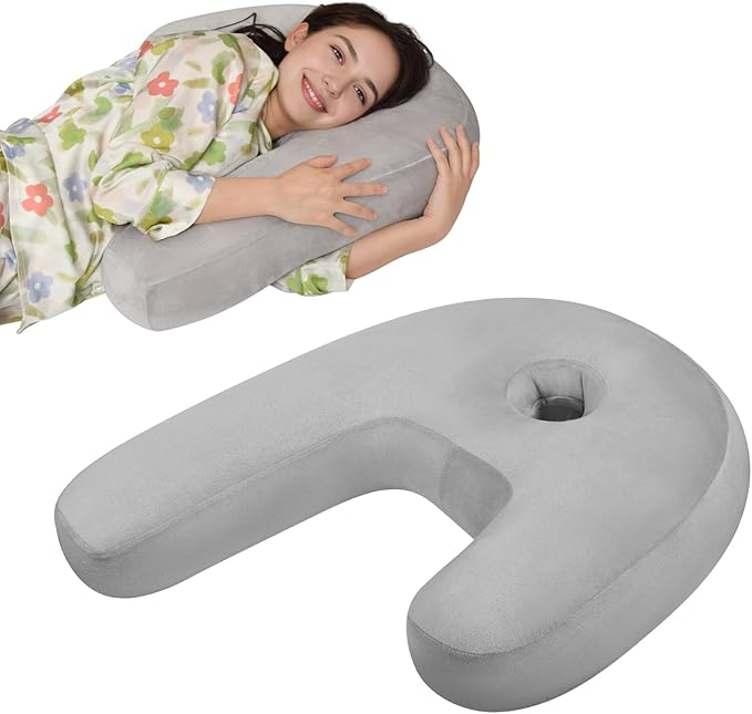 Body Pillow for Side Sleepers with Ear Hole, J & U-Shaped Neck Pillow for Ear Piercing, Relieves Neck, Shoulder & Back Pain, 20x26 Inches with Pillowcase (Grey)