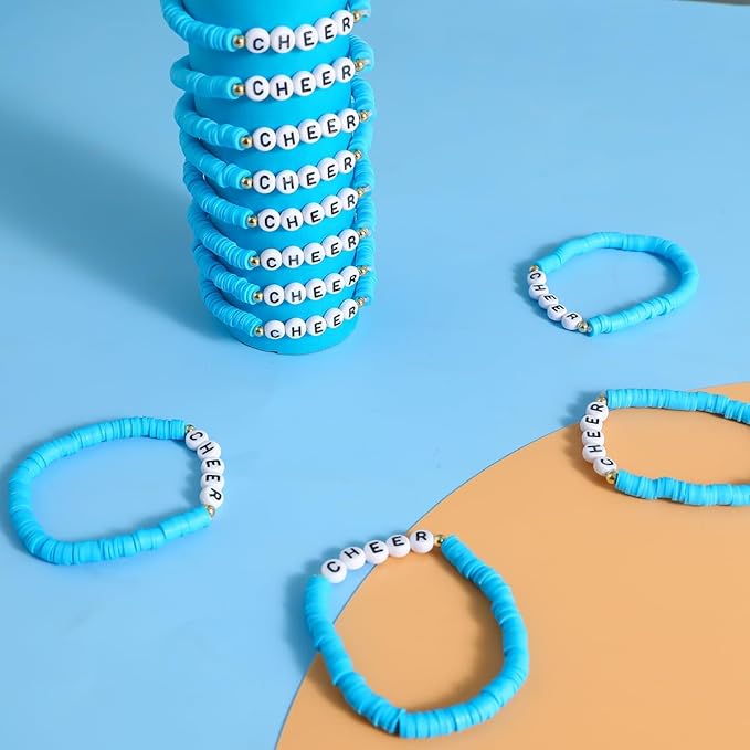 24 Pcs Cheerleader Gifts for Girls Handmade Friendship Bracelets for Teen Girls Stretch Cheer Bracelets Y2k Cheer Stuff Stackable Clay Bead Bracelets Bulk Teens Birthday Christmas Party Favors