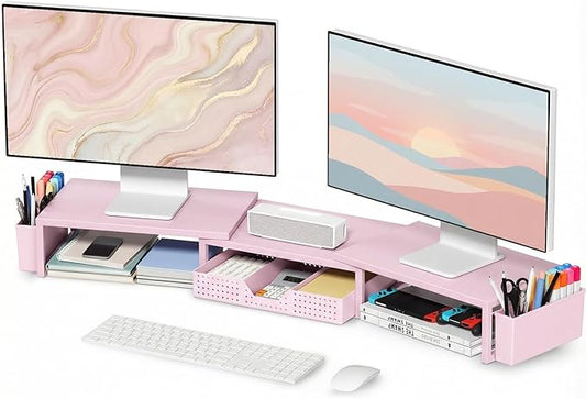 OPNICE Pink Desk Organizers and Accessories for Women, Dual Computer Monitor Stand Riser with Drawer and 2 Pen Holders, Office Desk Accessories, Workspace Desktop Organization for Office Supplies