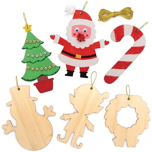 Baker Ross AX464 Christmas Wooden Decorations - Pack of 12, Wood Crafts for Kids to Decorate, Ideal Christmas Tree Decoration, Great for School, Craft Groups and Home Crafting