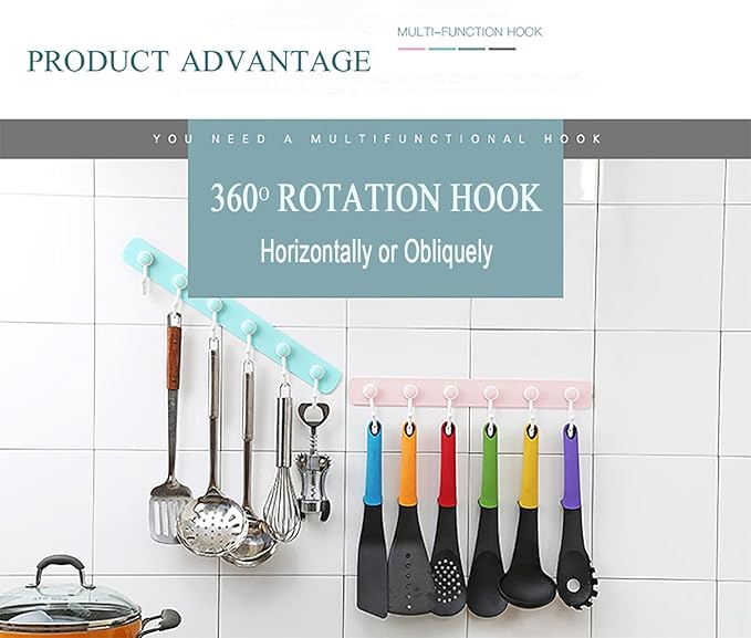 Kids Coat Rack Wall Mount, Adhesive Wall Hooks with 6 Rotating Hooks for Hanging Clothes Cooking Towels, Pink Decorative Hangers for Girls Bedroom, Bathroom, Office (Pink 2 Pack)