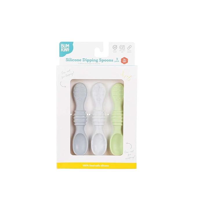 Bumkins Baby Utensil Set, Silicone Trainer Spoons for Dipping, Soft Tip, Self-Feeding, Chew, Baby Led Weaning, First Year Training Supplies, Essentials in Learning Eating, 4 Mos, 3-pk Gray and Green