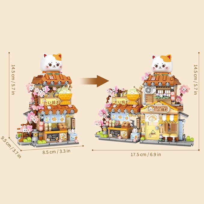 Lucky Cat Building Set,Openable Taiyaki Shop 923PCS Mini Brick Building Toy for Boys Girls Age 8+ (Not Compatible with Lego)