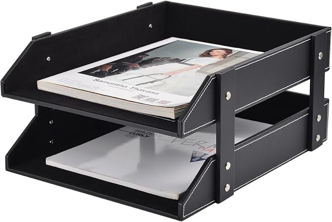 XNONE Leather Desk Organizer,2-Tier Stackable Letter Tray Holder,Office Supplies Desktop Storage Box for Document,Stationery,Magazines,Newspapers,Letters and Other Home Office Paper Sundries,Black