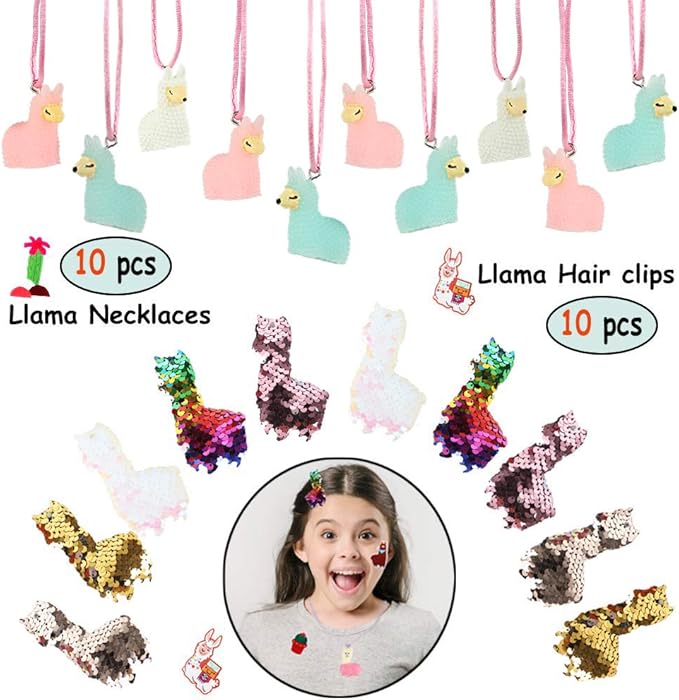 Llama Party Favors Supplies - Llama Bracelet Ring Necklace Keychains Hair Clips Puffy Sticker Gift Bag Alpaca Toys Gift for Kids Birthday School Prizes Rewards(60 pcs)