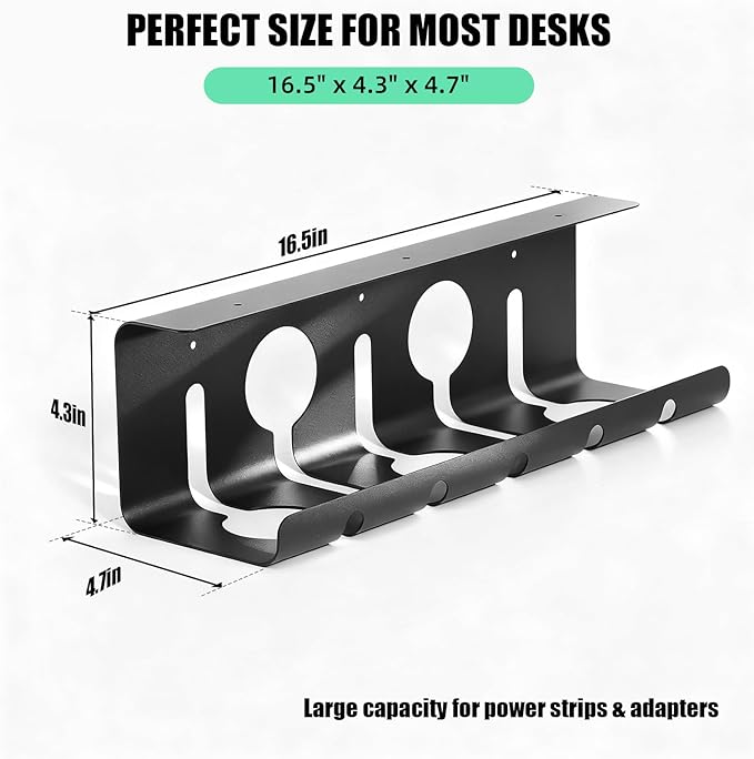 2 Pack Under Desk Cable Management Tray, 16.5" L x 4.7" W x 4.3" H, Wire Organizer for Power Strip, Tape Mount or Screw Mount, Easy Install Cord Raceway for Desk & Home