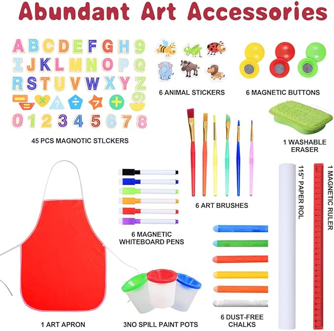 Art Easel for Kids Ages 4-8 9-12,Double Sided Wooden Kids Easel Drawing Board with Magnetic Chalkboard,3-Level Height Adjustable,100+ Accessories,Gift & Art Supplies for Kids