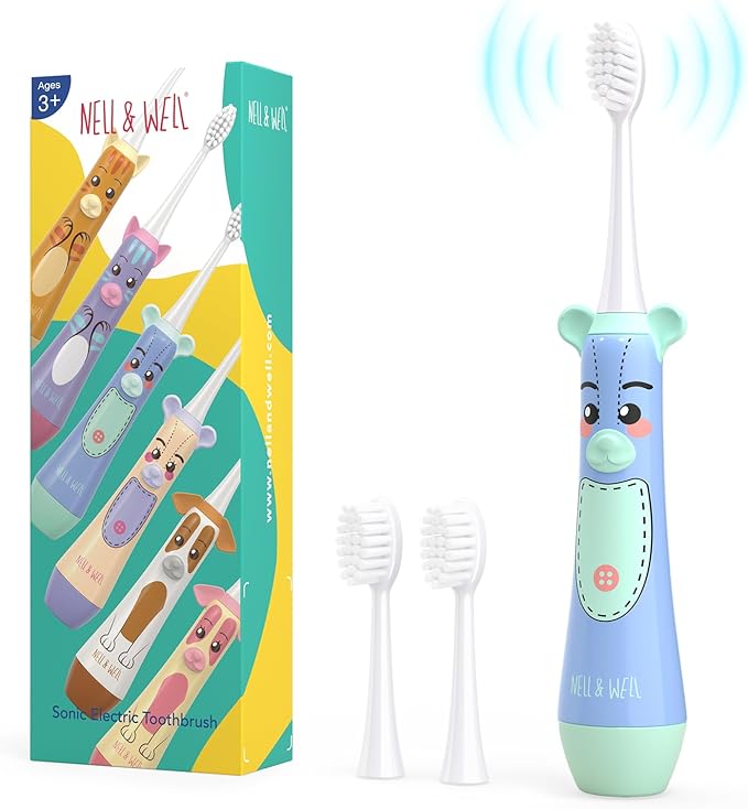 NELL&WELL Kids Electric Toothbrush, 2-Min Timer, 3 Modes with Memory, IPX 7 Waterproof, Battery Powered Kids Toothbrush with 3 Soft Bristles Heads for Children Boys and Girls Ages 3+