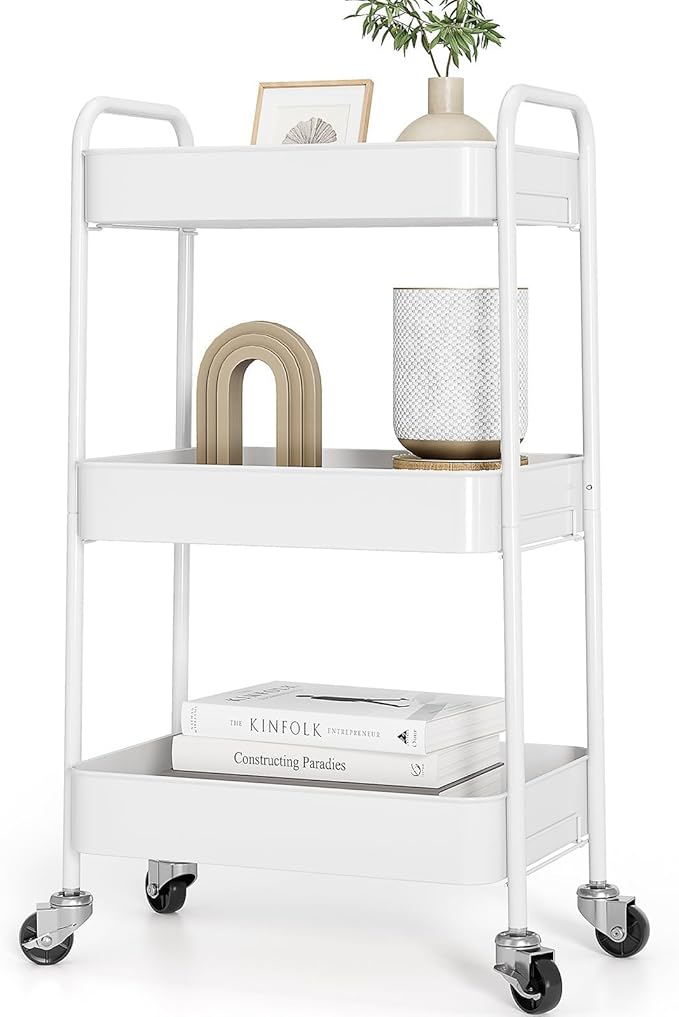 TOOLF 3-Tier Metal Rolling Cart with Wheels, Storage Utility Organizer Cart for Kitchen, Bathroom, Office, Baby Essentials & Makeup - Lockable Casters, Easy Assembly, Large Capacity, White