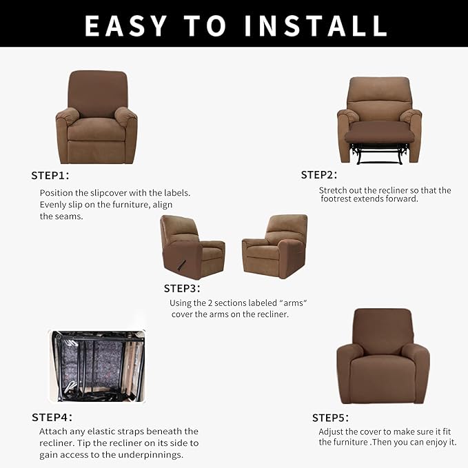 Easy-Going 100% Dual Waterproof Recliner Cover Stretch Soft Couch Cover for Dogs, Sofa Slipcover for Recliner Couch Leakproof Furniture Protector for Kids, Pets Brown