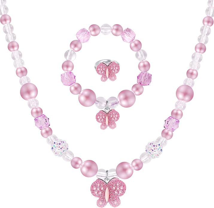 Butterfly Jewelry Set, Kids Butterfly Jewelry for Girls Included Necklace Bracelet Ring, Stretchy Toddler Play Jewelry Cute Toddlers Butterfly Pendant,Pretend Dress up Jewelry