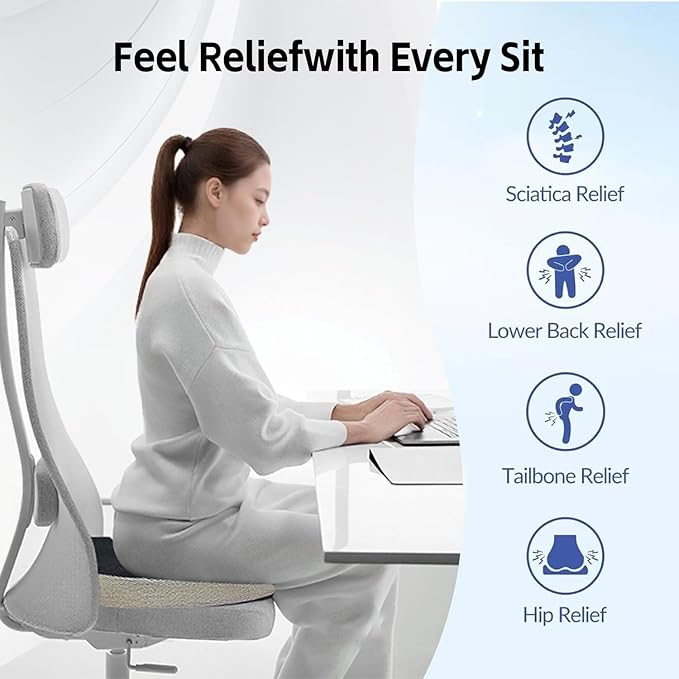 Seat Cushion for Tailbone Pain Relief, Memory Foam Coccyx Cushion for Office Chair & Car, Ergonomic Chair Pad with Non-Slip Cover & Handle, Sciatica Relief for Gaming Chair, Wheelchai