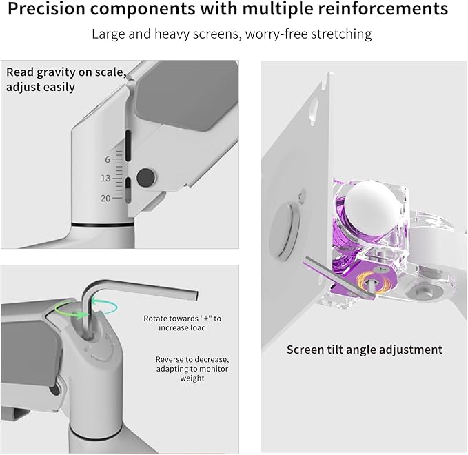 GUZHIKU Monitor Arm for 17 to 60 inch, Hold 44 lbs, Fully Adjustable Heavy Duty Desk Mount, Monitor Stand Fit 57 55 49", Ultrawide Monitors Bracket Clamp/Grommet Base VESA 75x75/100x100 (White)
