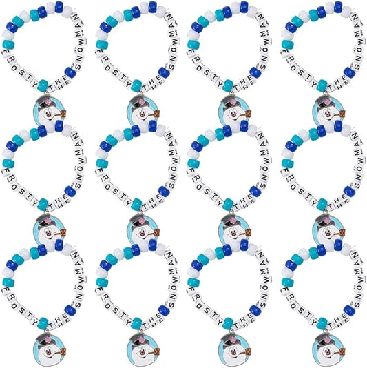 Fun Express Charming Blue & White Frosty the Snowman Pony Bead Bracelet Craft Kit - (12 Sets) - Perfect for Holiday Crafts, Classroom Activities, and Festive Gifts