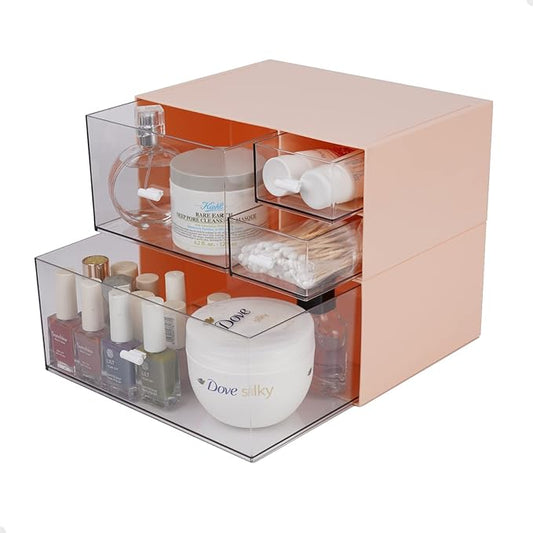 Desk Craft Organizer and Storage with 4 Mixed Drawers, Stackable Plastic Desktop Accessories & Workspace Organizer for Office Stationary, Makeup Skincare, Sanitation Supplies, Pink
