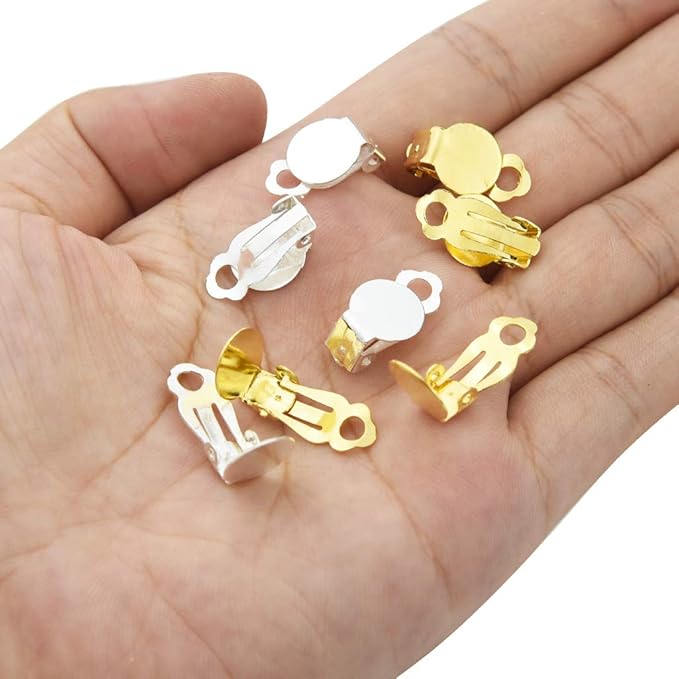 200 Pieces Round Flat Backs and Findings Set Including 100pcs Round Flat Back Tray Earring Clips + 100pcs Clip-on Earring Findings Pad Base for DIY Earring Making Jewelry