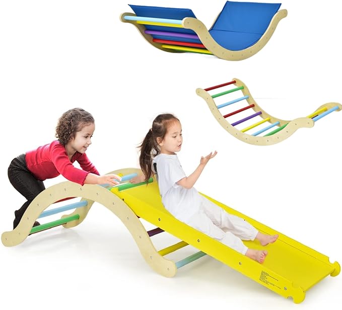 Costzon Climbing Toys for Toddlers, 3-in-1 Montessori Wooden Arch Climber Ladder Structure with Rock Climbing Ramp/Padding, Indoor Gym Learning Playset, Playground for Kids Gift (Rainbow)