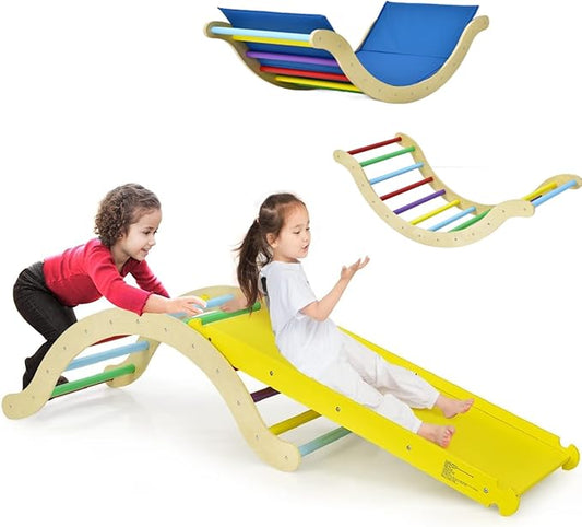 Costzon Climbing Toys for Toddlers, 3-in-1 Montessori Wooden Arch Climber Ladder Structure with Rock Climbing Ramp/Padding, Indoor Gym Learning Playset, Playground for Kids Gift (Rainbow)