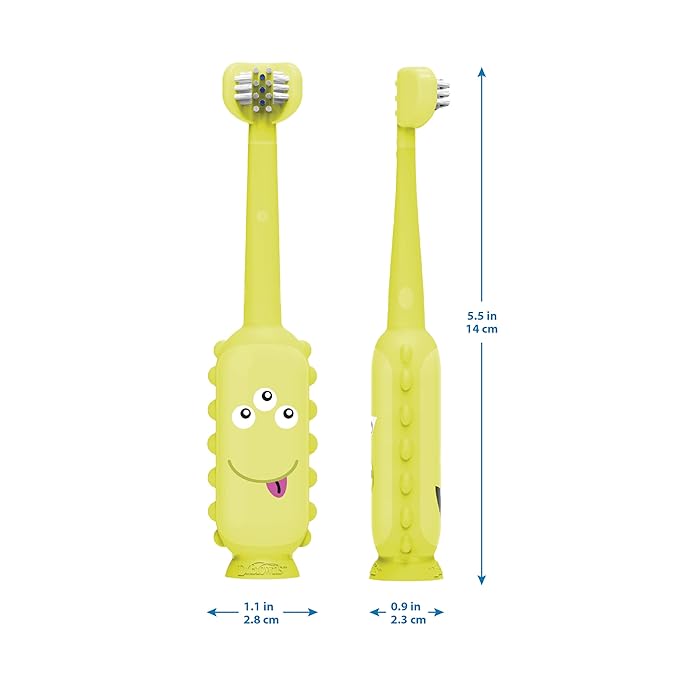 Dr. Brown's ToothScrubber Toddler Toothbrush, Triple-Sided Training Toothbrush with Suction Cup Base, Green Monster, Baby Oral Care, Ages 1-4 Years