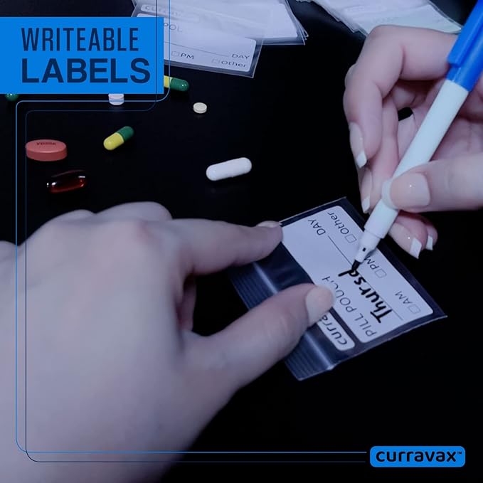 CURRAVAX Pill Bags Pack of 225- BPA Free 3 x 2.75 inch Pill Pouch - Pill Pouches for Medicine with Write on Label –Clear Ziplock Pill Baggies for Travel Medicine Organizer