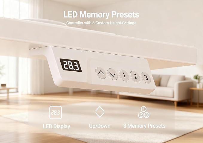 Seang Electric Height Adjustable Standing Desk, 40 x 24 Inch Sit-Stand Workstation with T-Style Frame, 3 Memory Height Options & Built-in Cable Management for Home Office, White Frame/White Top