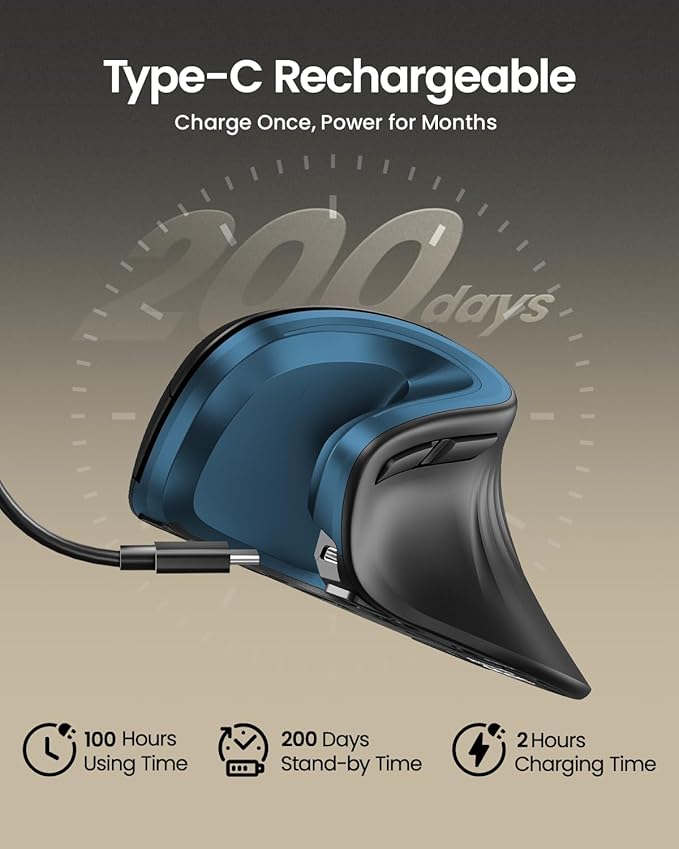 ProtoArc Ergonomic Mouse, EM11 NL Wireless Vertical Mouse, Ergo Mouse with Multi-Device, USB-C Rechargeable Mice for Windows, Mac OS, PC/Notebook/Laptop,Blue