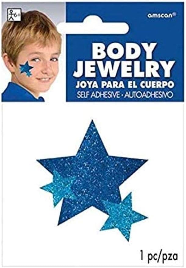 Amscan Stars Assorted Sizes Glitter Self-Adhesive Body Jewelry, 1, Blue