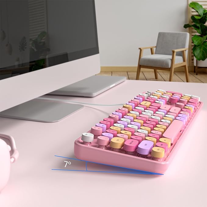 Computer Keyboard Wired, Plug and Play USB Retro Round Typewriter Keyboard, Full Size Wired Keyboard with Foldable Stands for Laptop and Office PC- Pink Colorful