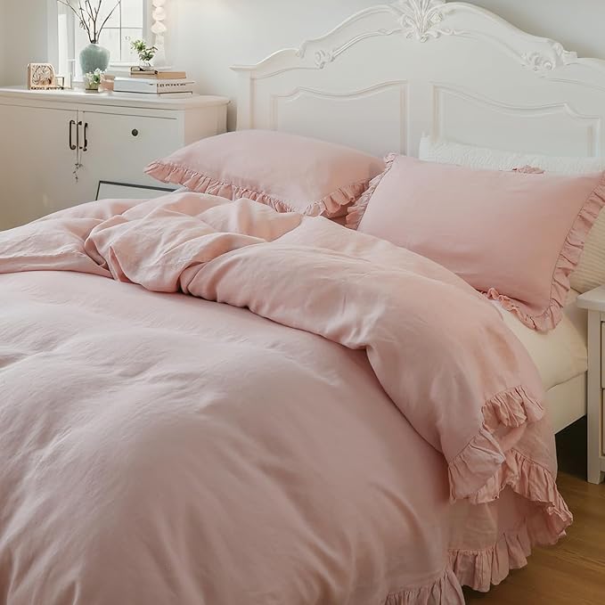 Simple&Opulence 100% Linen Duvet Cover Set, Natural French Flax Blush Pink Ruffle Duvet Cover Twin Size, Breathable Comfy Linen Bedding Comforter Cover with 1 Pillowcase (Blush Pink, 68" X 86")