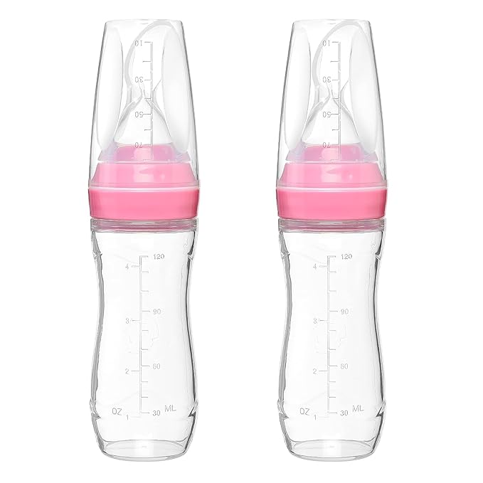 4 oz Silicone Baby Food Dispensing Spoon - 2 Pack - Great for 4+ Month Infants - Includes Stopper - Easy to Use and Mess-Free - Precise Food-Release Feeder - Great for Travel (Pink)