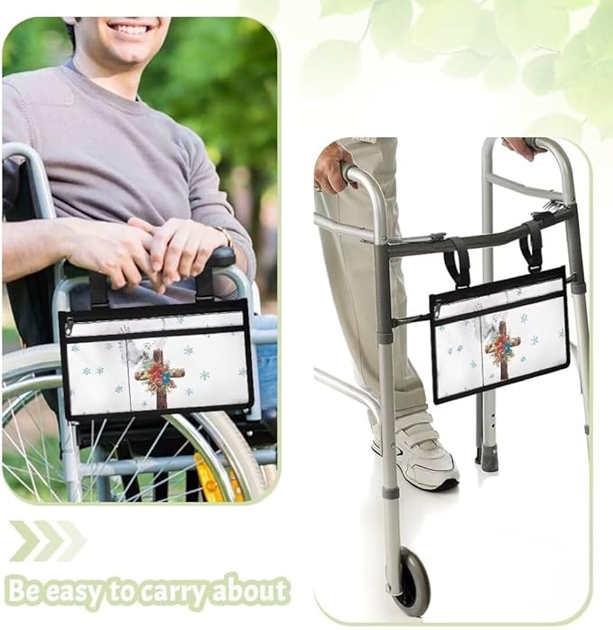 ZOUTAIRONG Crucifix Wheelchair Side Storage Bag Cool Horses Armrest Pouch with Cup Holder Wheelchair Accessories Organizer Bags for Walkers Rollator, Ideal Gift for Seniors