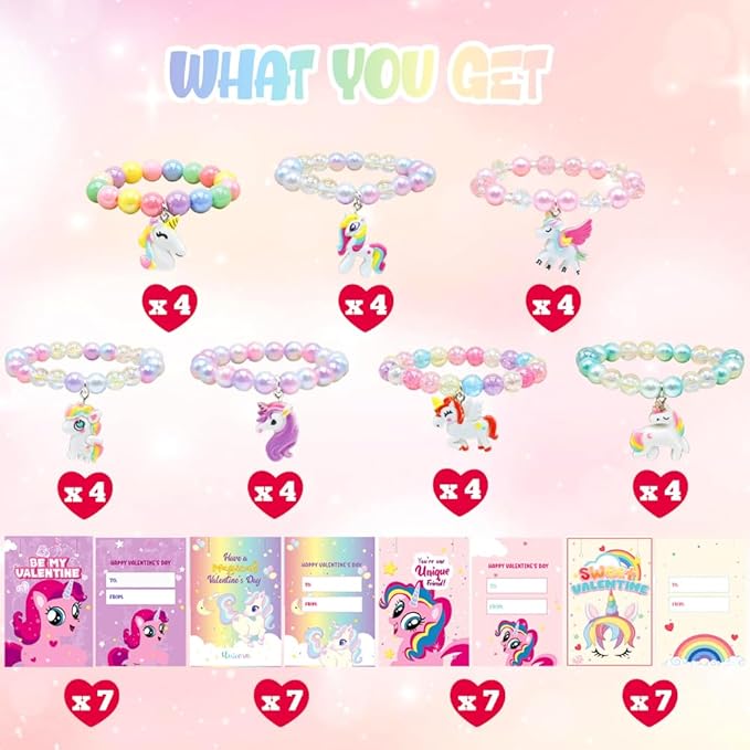 28PCS Valentines Day Gift Cards with Rainbow Unicorn Beaded Bracelets, Colorful Unicorn Beads Bracelet Toys for Valentine's Party Favors