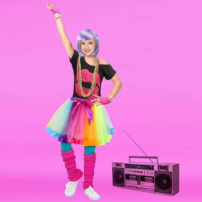 27pcs Kids 80s Outfit Costume Girls 80s Wig Legwarmers Shirt Dress Glasses Earrings Accessories Halloween Party Supplies