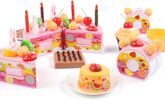 75PCS Birthday Cake Toy DIY Cutting Cake Play Set Kids Play Kitchen Food Pretend Play Cake Toy Best for Girls Birthday Party Gift (75PCS Blue)