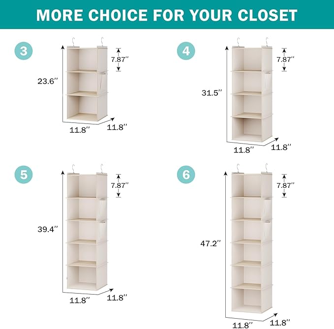 YOUDENOVA Hanging Closet Organizer, 5-Shelf Closet Hanging Storage Shelves, Beige