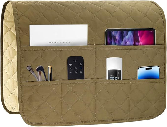 Bedside Caddy for Couch Remote Control Holder Recliner Armrest Organizer Non Slip Sofa Armchair Caddy with 6 Pocket Storage for Magazine, Tablet, Phone, iPad, Camel