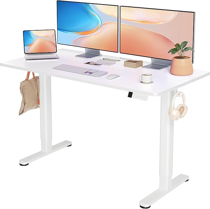 YDN Electric Standing Desk Adjustable Height, 55 x 24 Inches Stand up Desk with Cable Management, Home Office Desks with Splice Board & White Frame, White Top