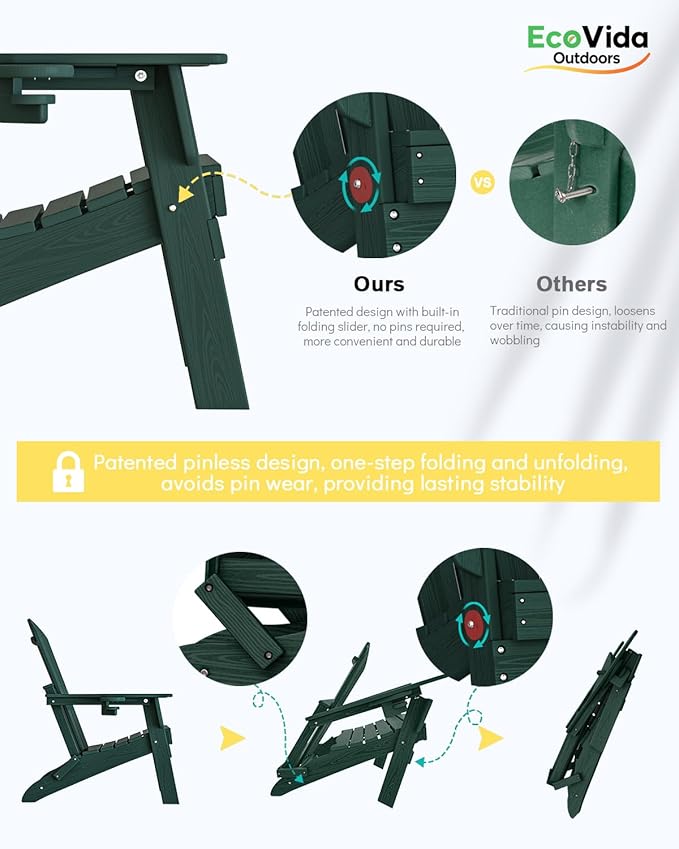 3-Piece Folding Adirondack Chair Set - 38" Extra Tall Back & Embossed Wood Grain, Oversized HDPE Patio Furniture with Side Table & Cup Holders, 380lb Heavy Duty, Green