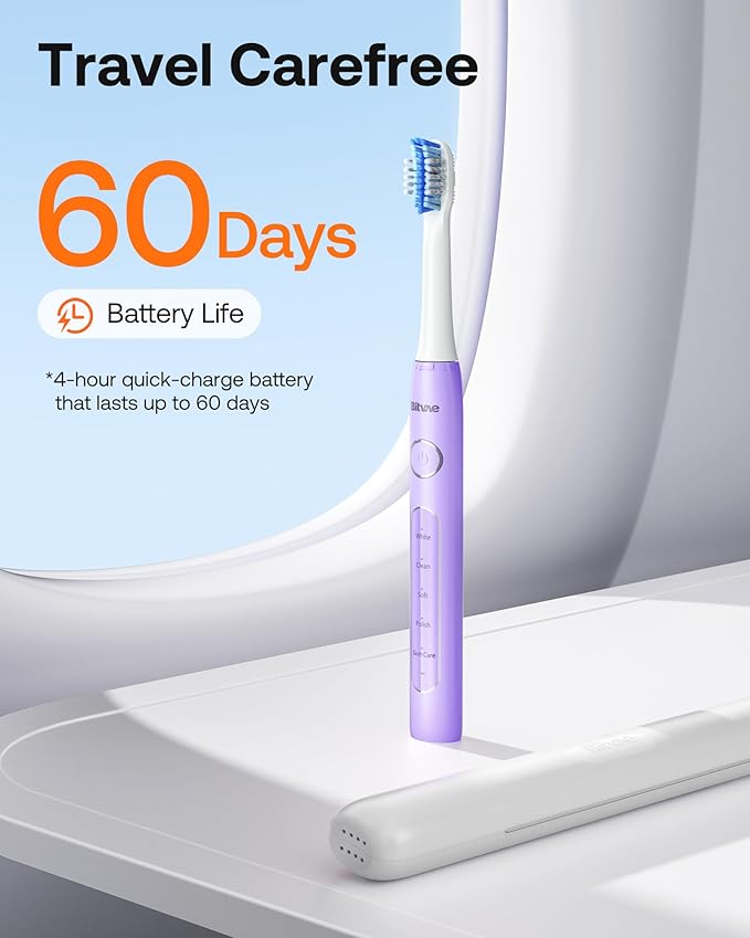 Bitvae Ultrasonic Electric Toothbrush for Adults and Kids, ADA Accepted Travel Electric Toothbrush with Rechargeable 60-Day Battery Life, 8 Toothbrush Heads, 5 Modes, Toothbrush Holder, Purple
