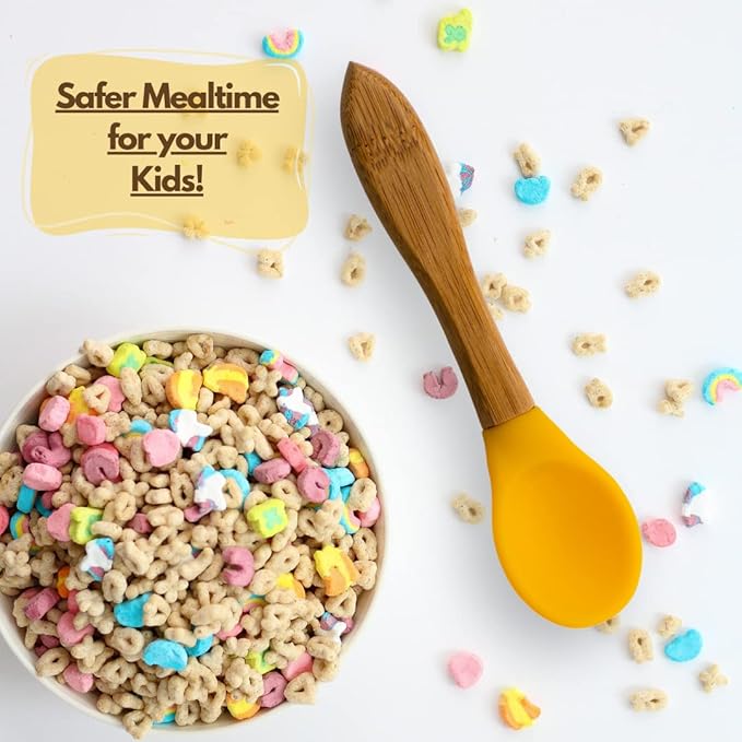 Baby Spoons Bamboo Feeding Spoon 5.5" with Silicone Tip BPA Free Toddler Food Spoons Yellow 2 PACK