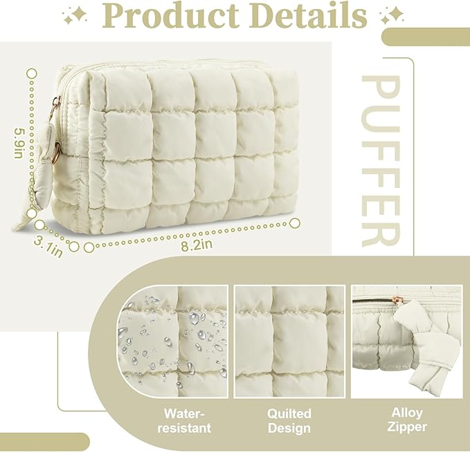 Puffer Quilted Makeup Bag Cosmetic Bags,Puffy Travel Toiletry Pouch for Women,Cute Checkered Zipper Bag Travel Essential,Portable Aesthetic Make up Organizer Bag for Gifts Work Daily(Beige,M)