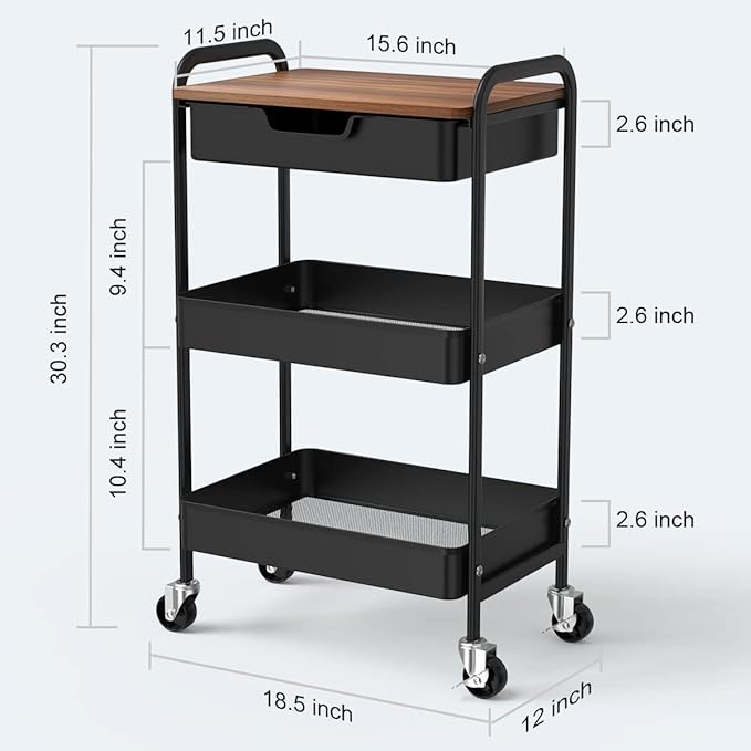 3 Tier Rolling Cart with Drawer, Metal Utility Cart on Wheels Storage Cart with Wood Top, Kitchen Cart Art Cart Organizer for Bathroom Office Balcony Living Room