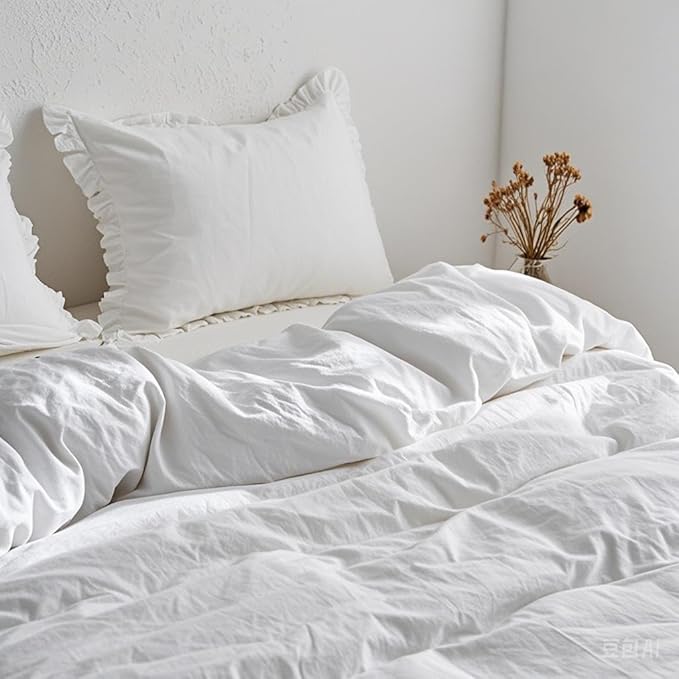 Simple&Opulence 100% Linen Duvet Cover Set, 3 PCS Natural French Flax White Ruffle Duvet Cover Queen Size, Breathable Comfy Linen Bedding Comforter Cover with 2 Pillowcases (White, 88" X 92")