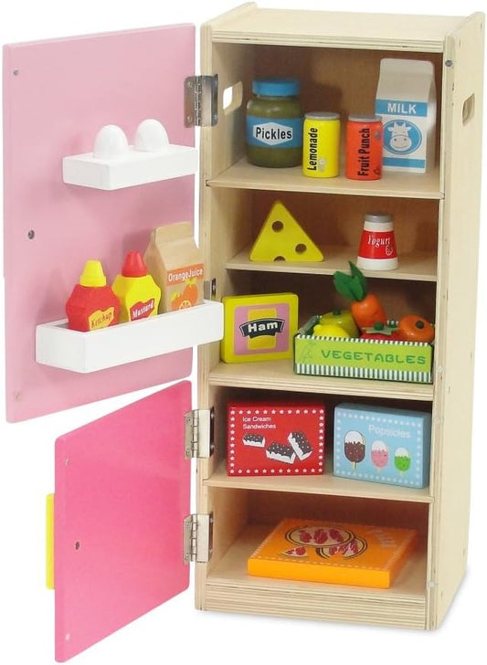 Emily Rose 18 Inch Doll Wooden Play Kitchen Refrigerator Freezer Toy Gift Set, Includes 20 Pretend Food Accessories | Doll Not Included