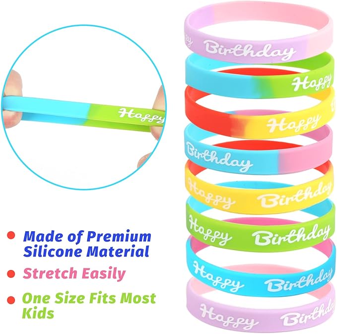 CCINEE 24 PCS Happy Birthday Silicone Bracelets, Colored Silica Rubber Stretch Wristbands for Kids Teenagers Birthday Party Supplies,4 Styles
