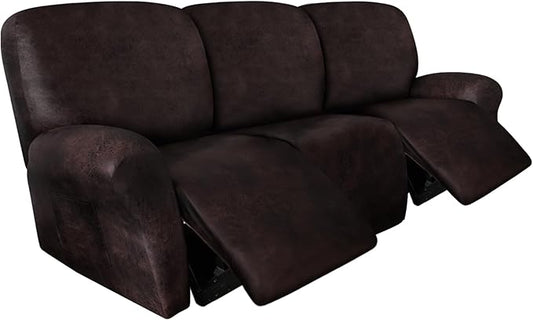 Leather Look Recliner Couch Cover 8-Piece Recliner Sofa Slipcovers 3 Seater for Reclining Couches Furniture Protector Spandex Fabric Washable (Recliner Sofa, Chocolate)
