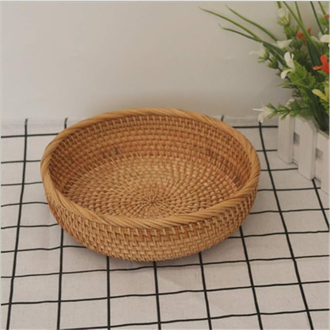 Hadewoven Round Rattan Fruit Basket Wicker Food Tray Weaving Storage Holder Dinning Room Bowl, 8 Inch Small Bread Baskets Tray for Serving with Deep Wall, Brown (Small 7.48”)