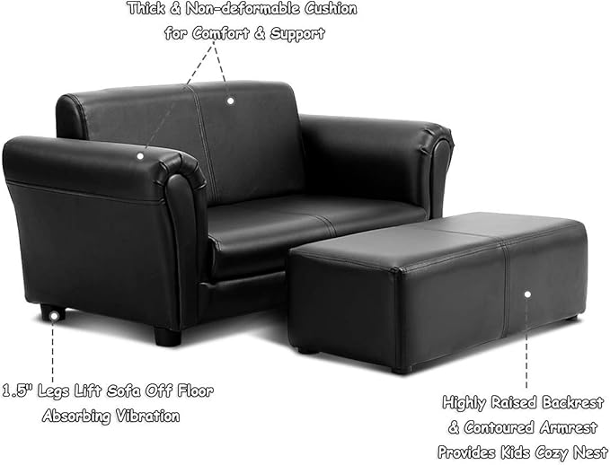 Costzon Kids Couch with Footstool, 2 in 1 Double Seat Children's Sofa w/PU Leather Surface, Armrest Chair Lounge, Soft Kids Sofa for Preschool Bedroom Kids Room Toddlers Boys Girls Birthday (Black)