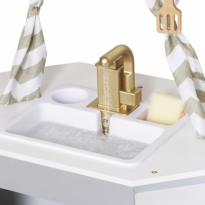 Large Wooden Corner Play Kitchen Sets with Ice Maker,Water Dispenser,Bread Maker,Washing Machine,Electronic Display,Toy Sink with Running Water,Stove with Light&Sounds, Birthday Gift for 3+Boys Girl